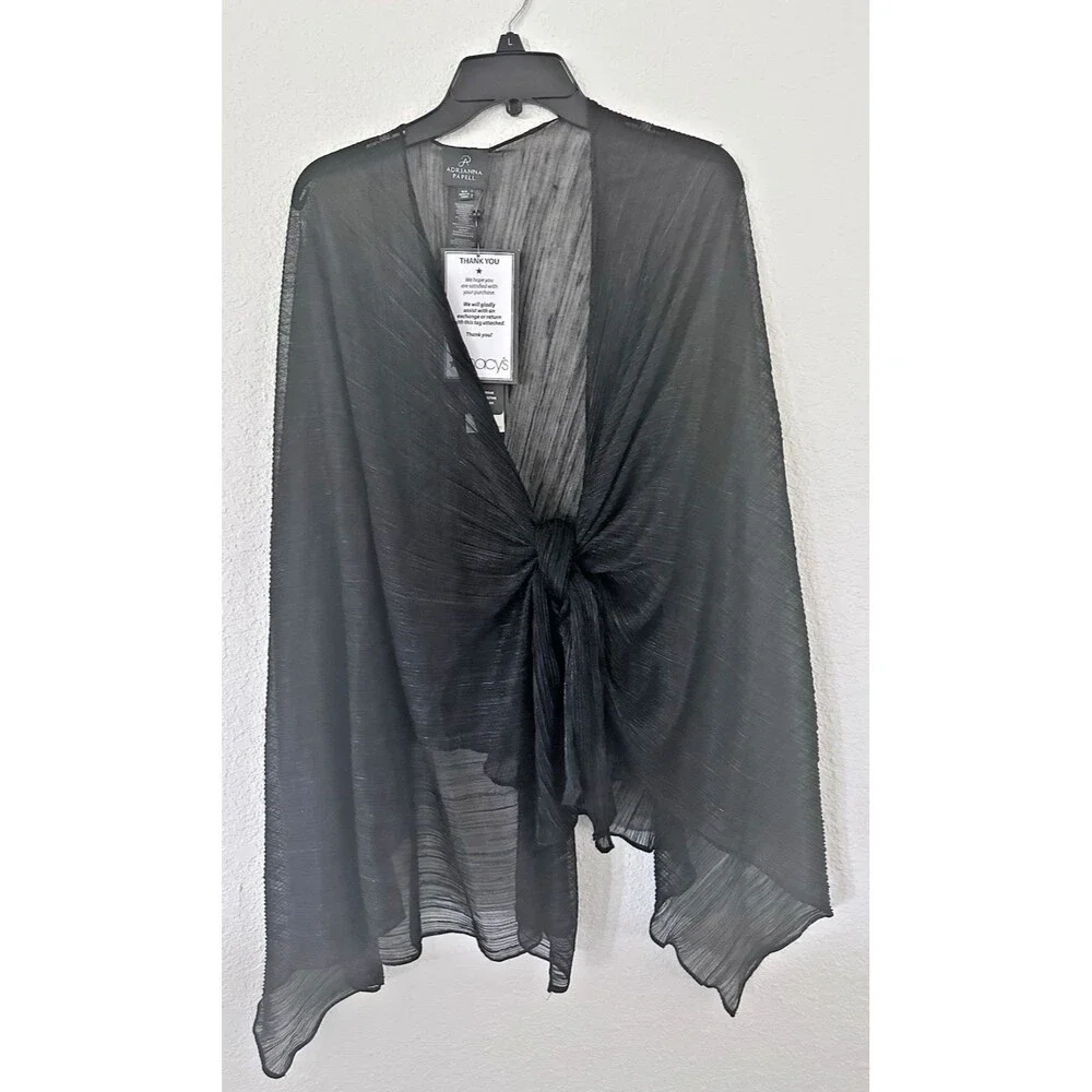 Adrianna Papell Women's Collarless Open front Asymmetrical-Hem Shawl Black OS